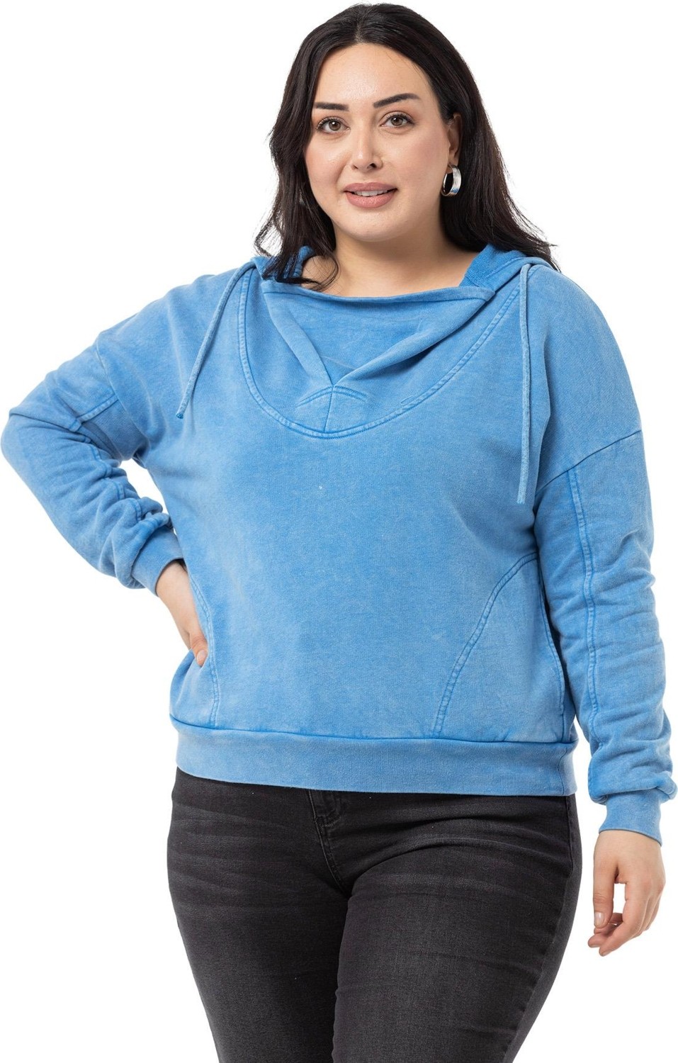 Disentis Modest Büyük Beden Degaje Kapüşonlu Yaka Cepli Parça Boyalı Üç Iplik Yeşil Sweatshirt