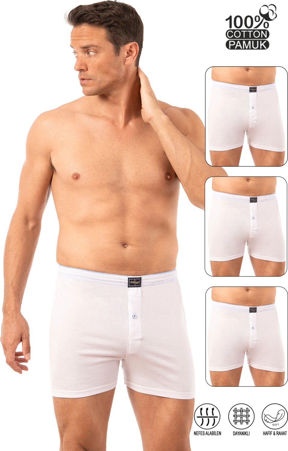 Özkan Underwear Özkan 0041 3'lü Paket Erkek Karışık Renk Şardonlu Pamuklu Düğmeli Penye Boxer