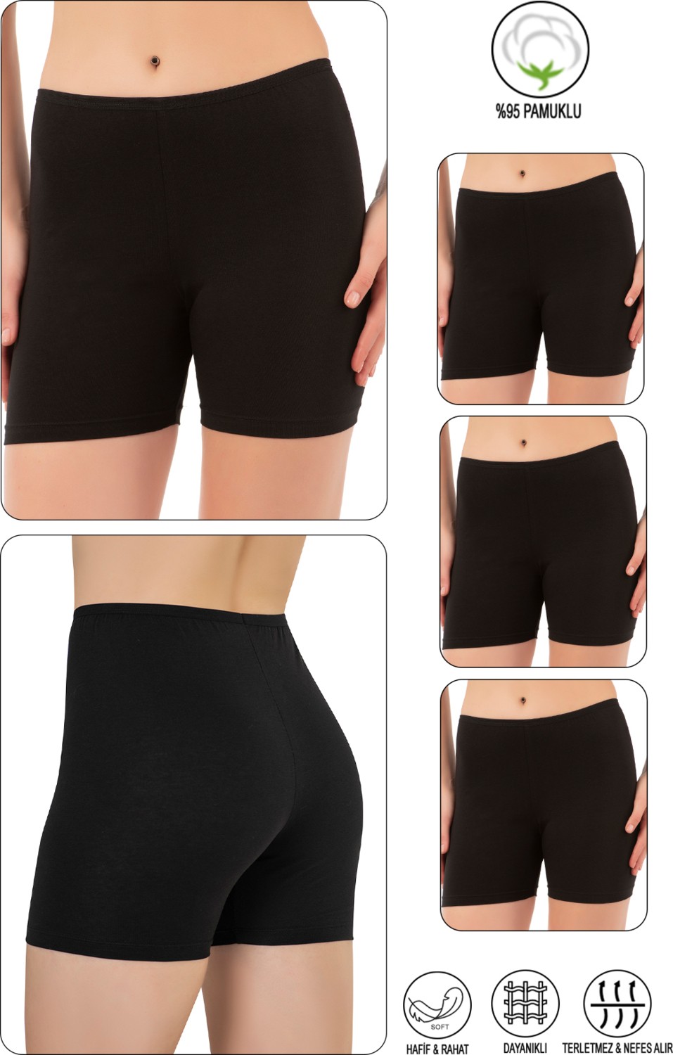 Özkan Underwear Özkan 26591 3'Lü Paket Kadın Pamuklu Likralı Esnek Ara Boy Diz Üstü Kısa Tayt Şort Boxer