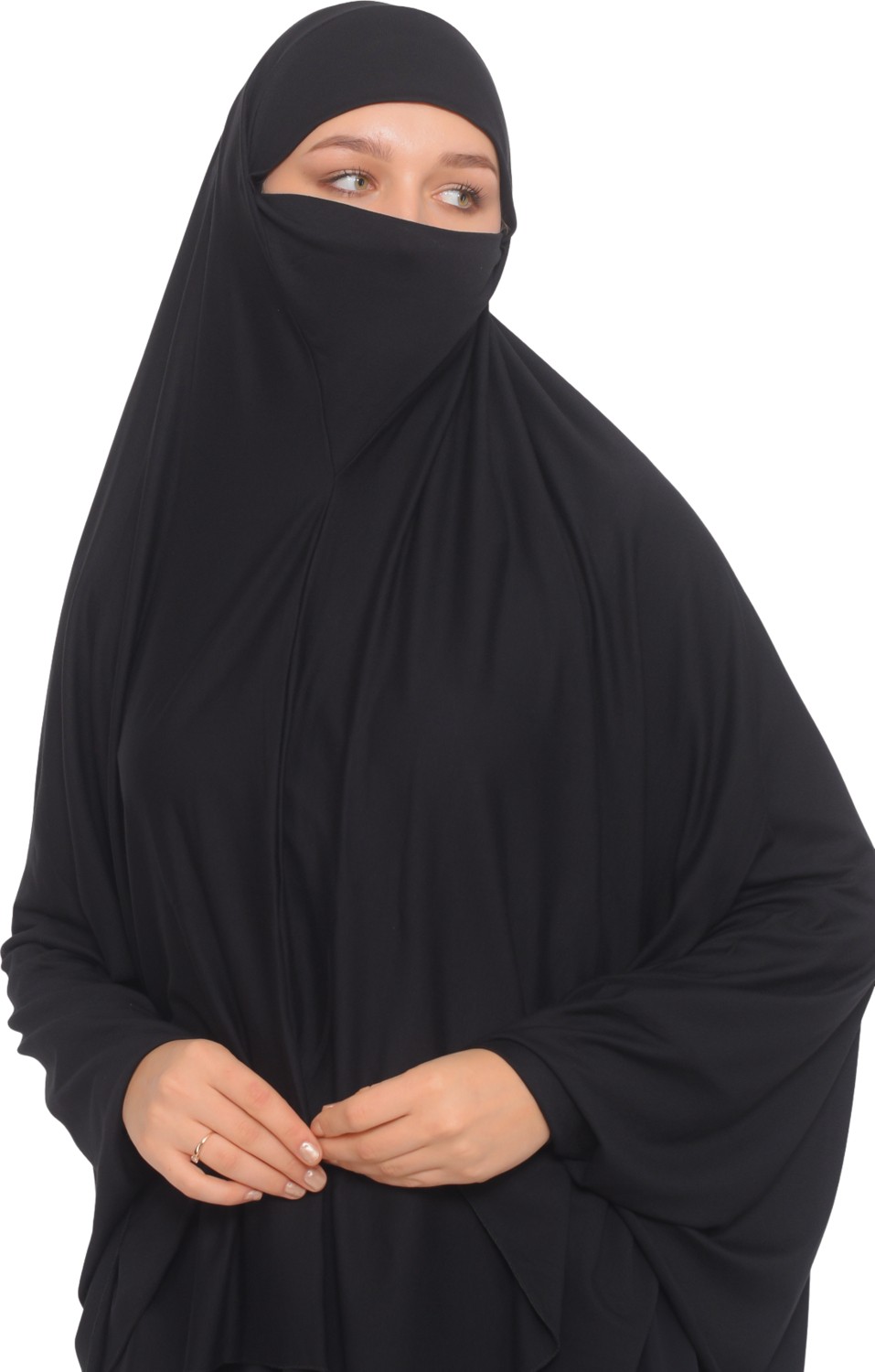 Altobeh Kollu Sufle Çarşaf Üstü Peçeli Pratik Tesettür Hijab - Nikaplı Namaz Örtüsü - Siyah görsel 5