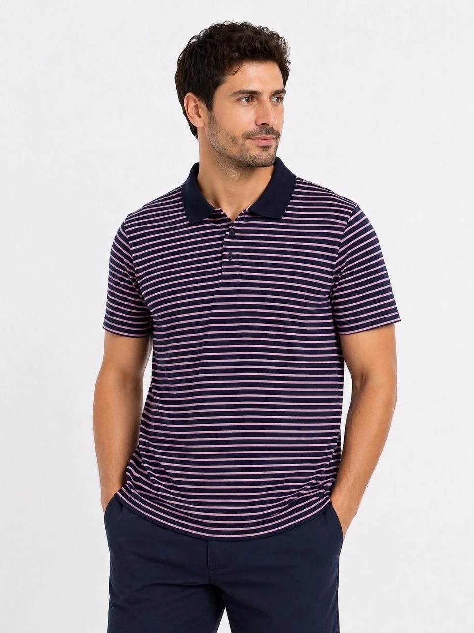 Tarz Yeri Erkek Pike Kumaş Gül Kurusu Çizgili Polo Yaka Tişört Kısa Kol T-Shirt - Siyah