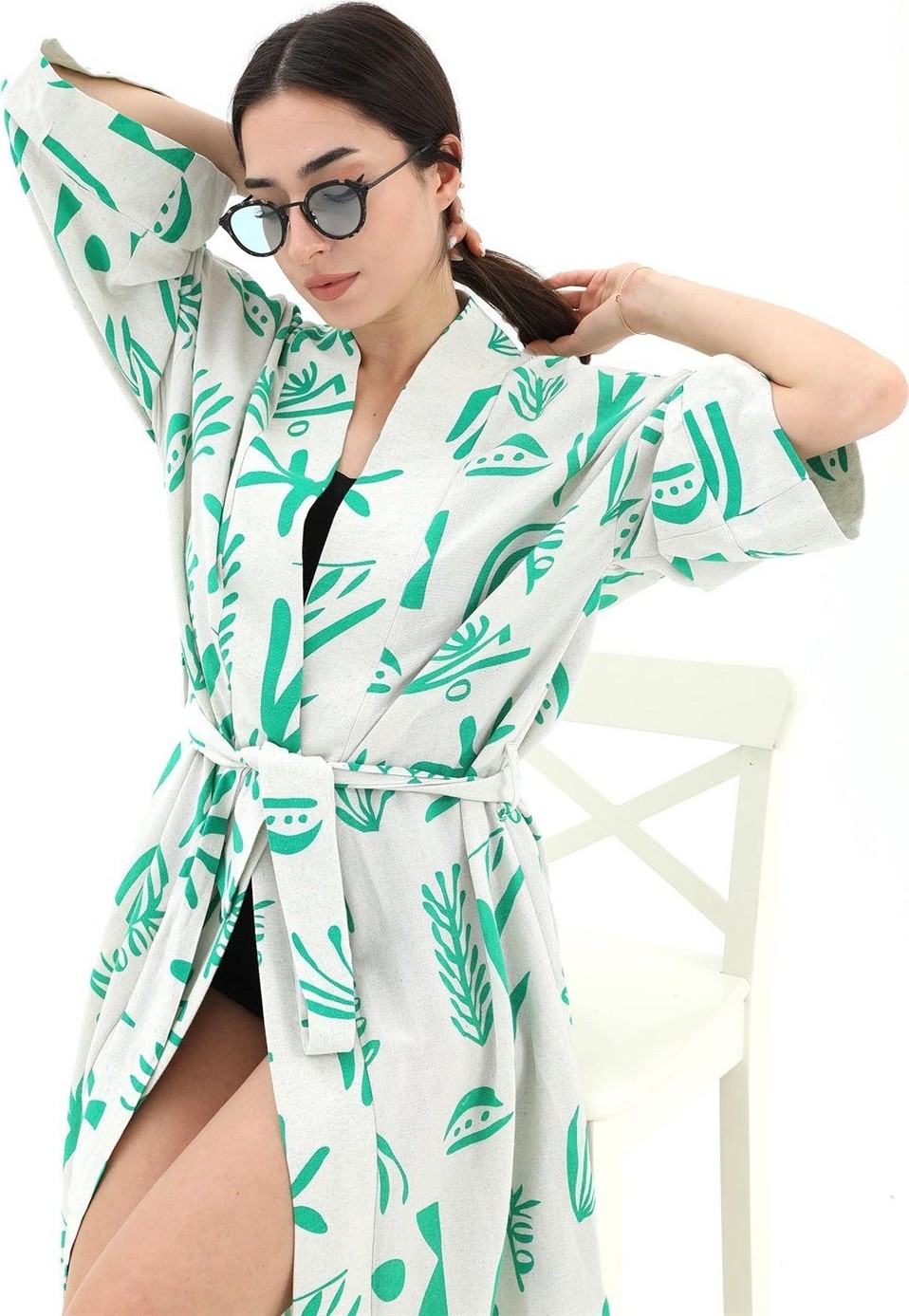 Isawella Baskılı Keten Kimono - Yeşil görsel 2