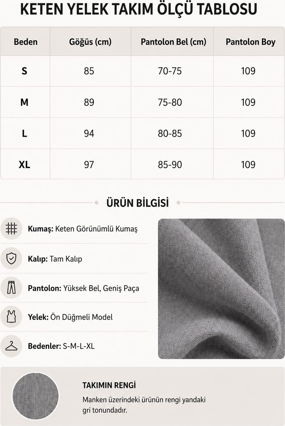 Motiv Önden Düğmeli Arka Kuşaklı Yelek/bol Paça Pantolon Keten Takım görsel 2