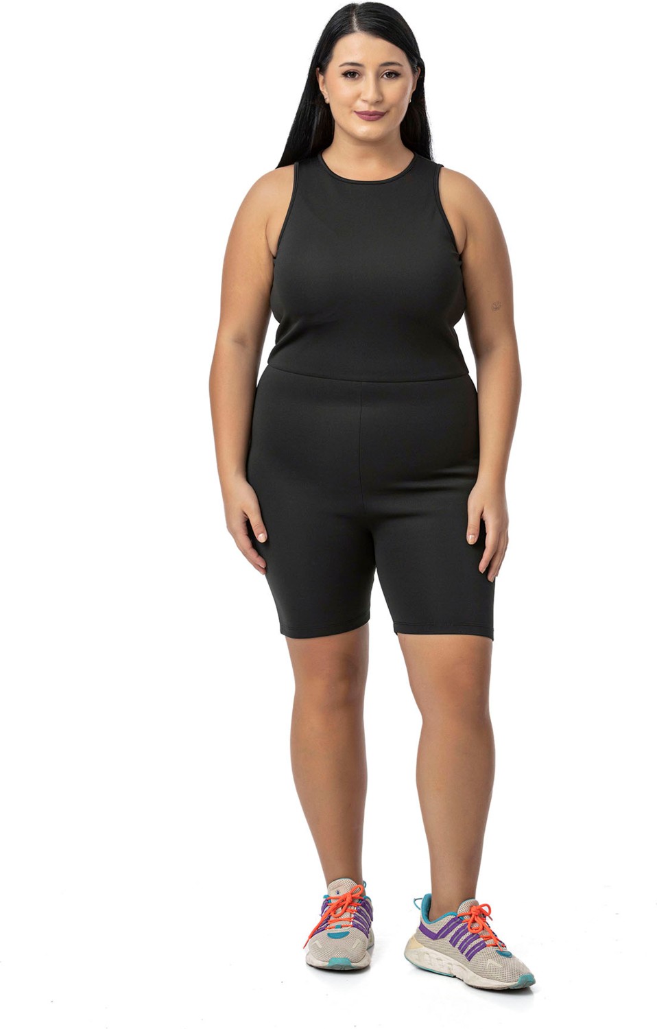 Disentis Modest Büyük Beden Siyah Kısa Taytlı Tulum Polyester Kumaş ile Slim Fit Tasarım