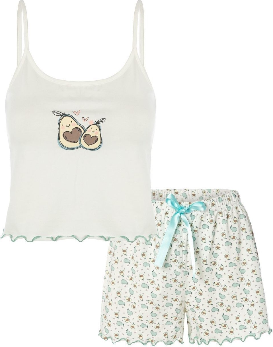 Koza İç Giyim Kadın İnce Askılı Baby Overloklu Avokado Desenli Crop Top Şortlu Pijama Takımı görsel 4