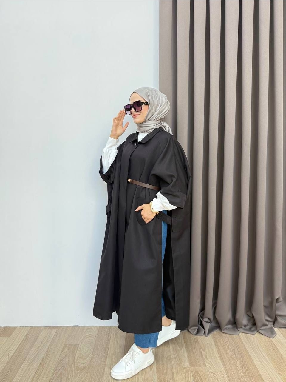 Esra Butik 🌸 Nil Kumaş 4 Renk Şık Panço | Siyah, Kahverengi, Taş, Lacivert -- Standart Beden görsel 5