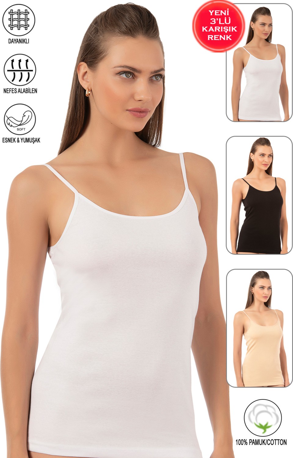 Özkan Underwear Özkan 0107 3'lü Paket Kadın %100 Pamuklu Ribana Esnek Rahat İp Askılı Örme Atlet
