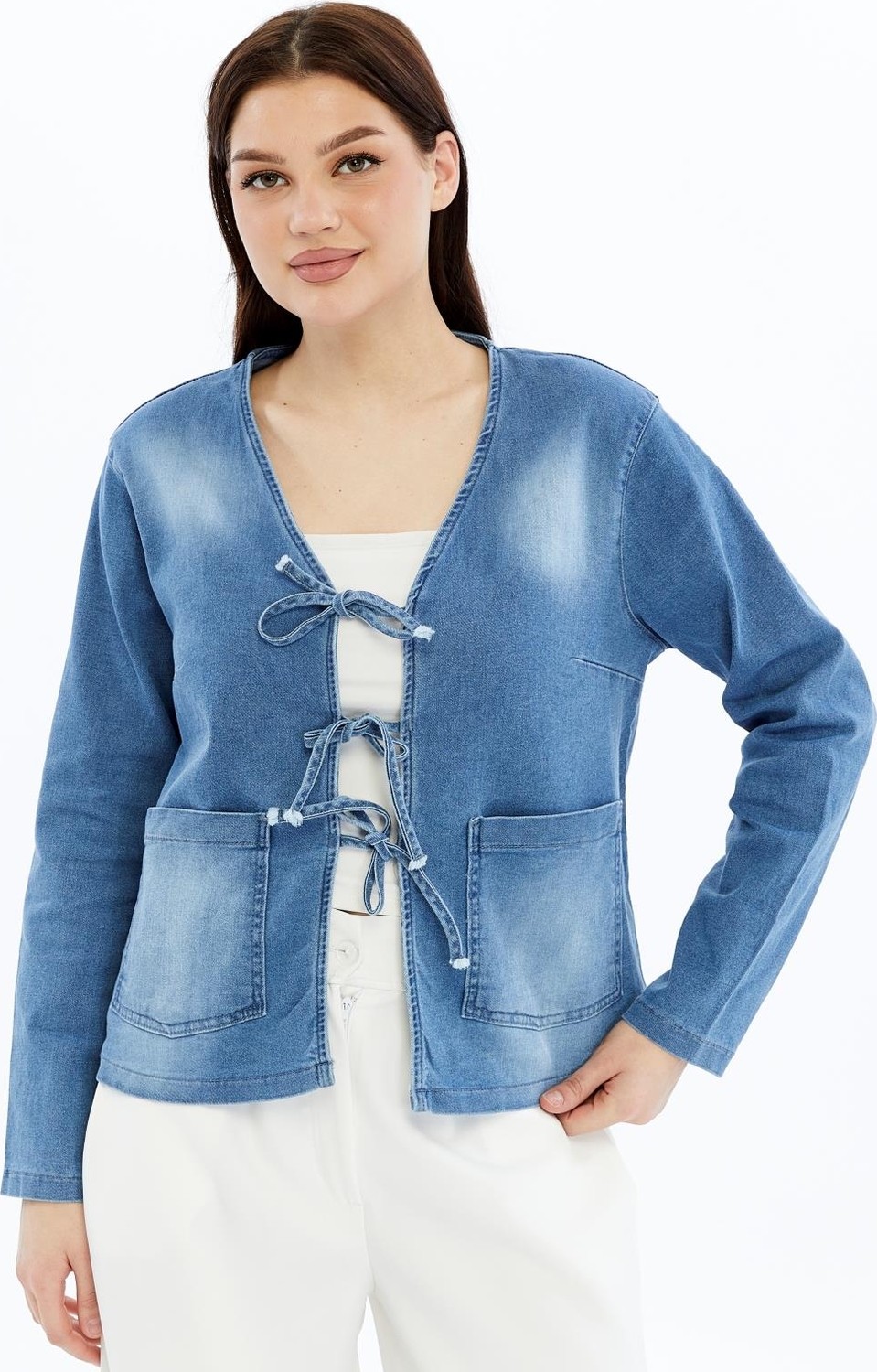 Select Moda Kadın Denim V Yaka Önden Cepli Bağlama Detaylı Ceket/hırka görsel 3