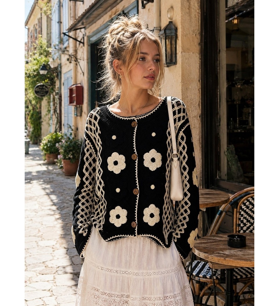 Retrobird Tilly Çiçek Motifli Düğmeli Kroşe Hırka Kadın Krem görsel 2
