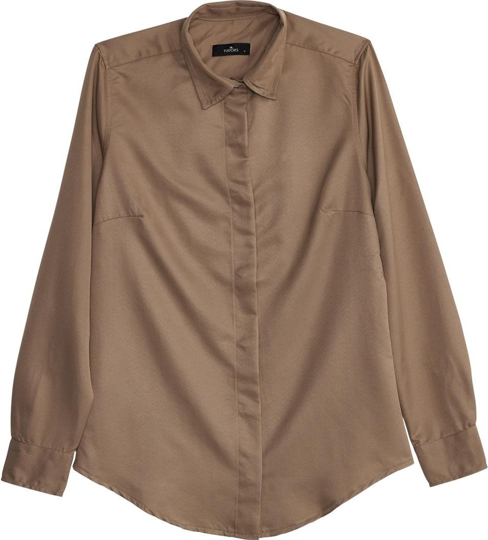 Tudors Kadın Slim Fit Dar Kesim Vucüda Oturan Uzun Kollu Gizli Düğme Detaylı Koyu Vizon Basic Gömlek
