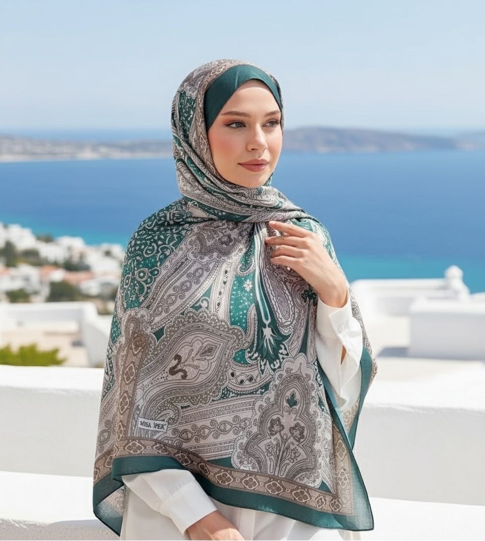 Revam Collection Retro Desen Pamuk Şal Zümrüt Yeşili