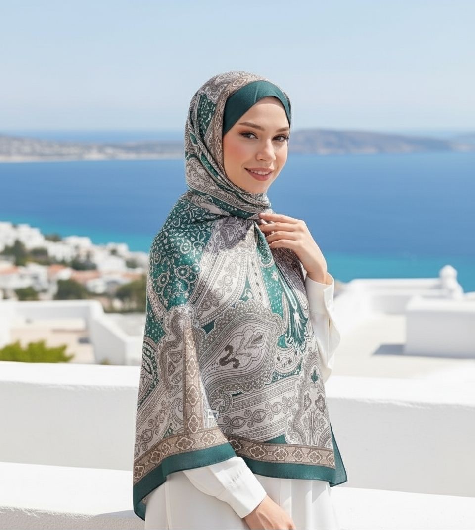 Revam Collection Retro Desen Pamuk Şal Zümrüt Yeşili görsel 2