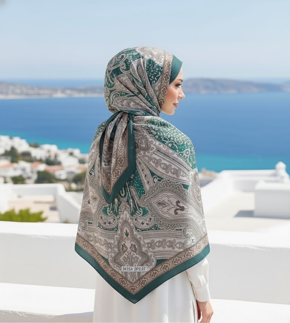 Revam Collection Retro Desen Pamuk Şal Zümrüt Yeşili görsel 3