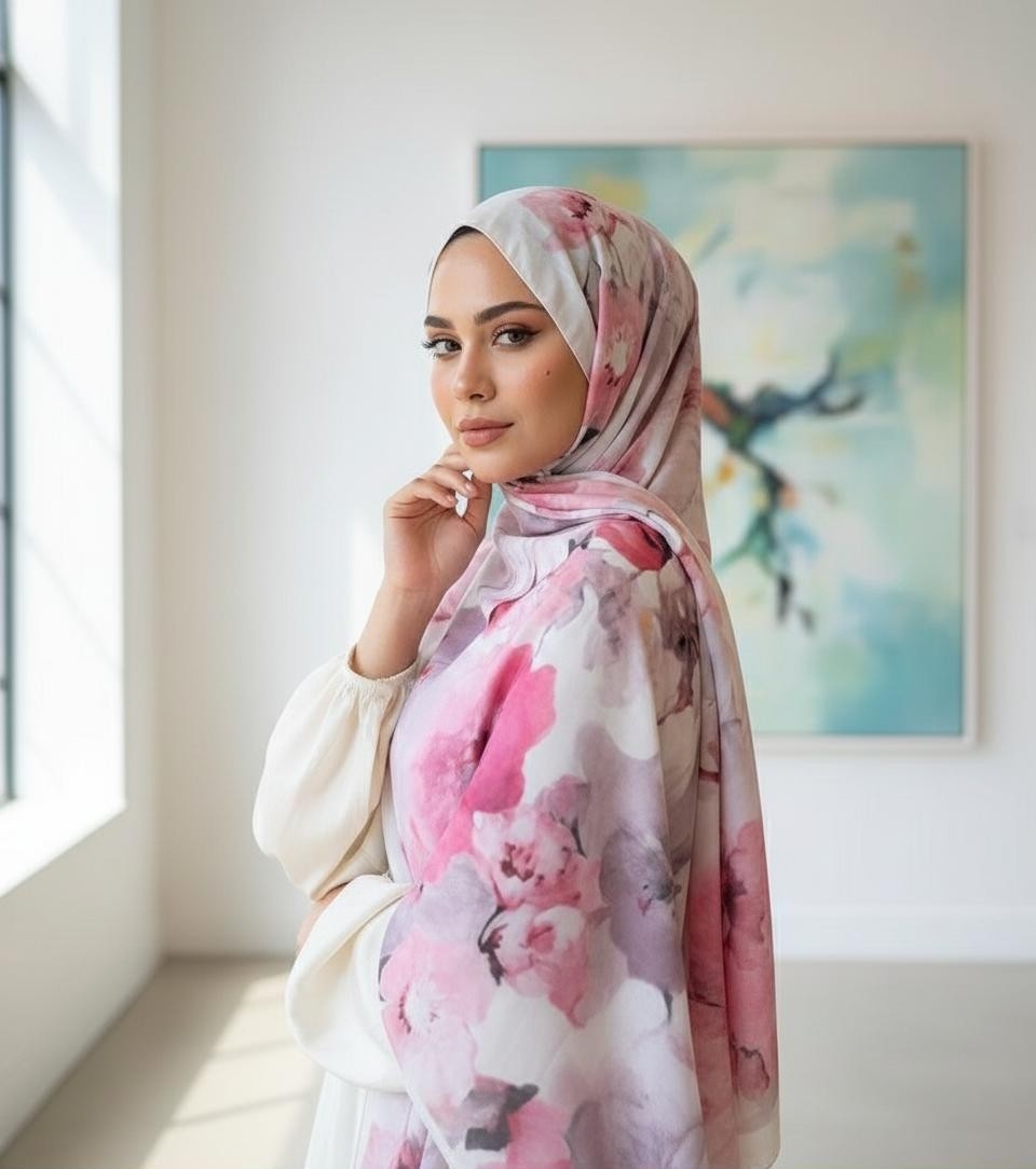Revam Collection Gül Desen Pamuk Şal Pudra görsel 2