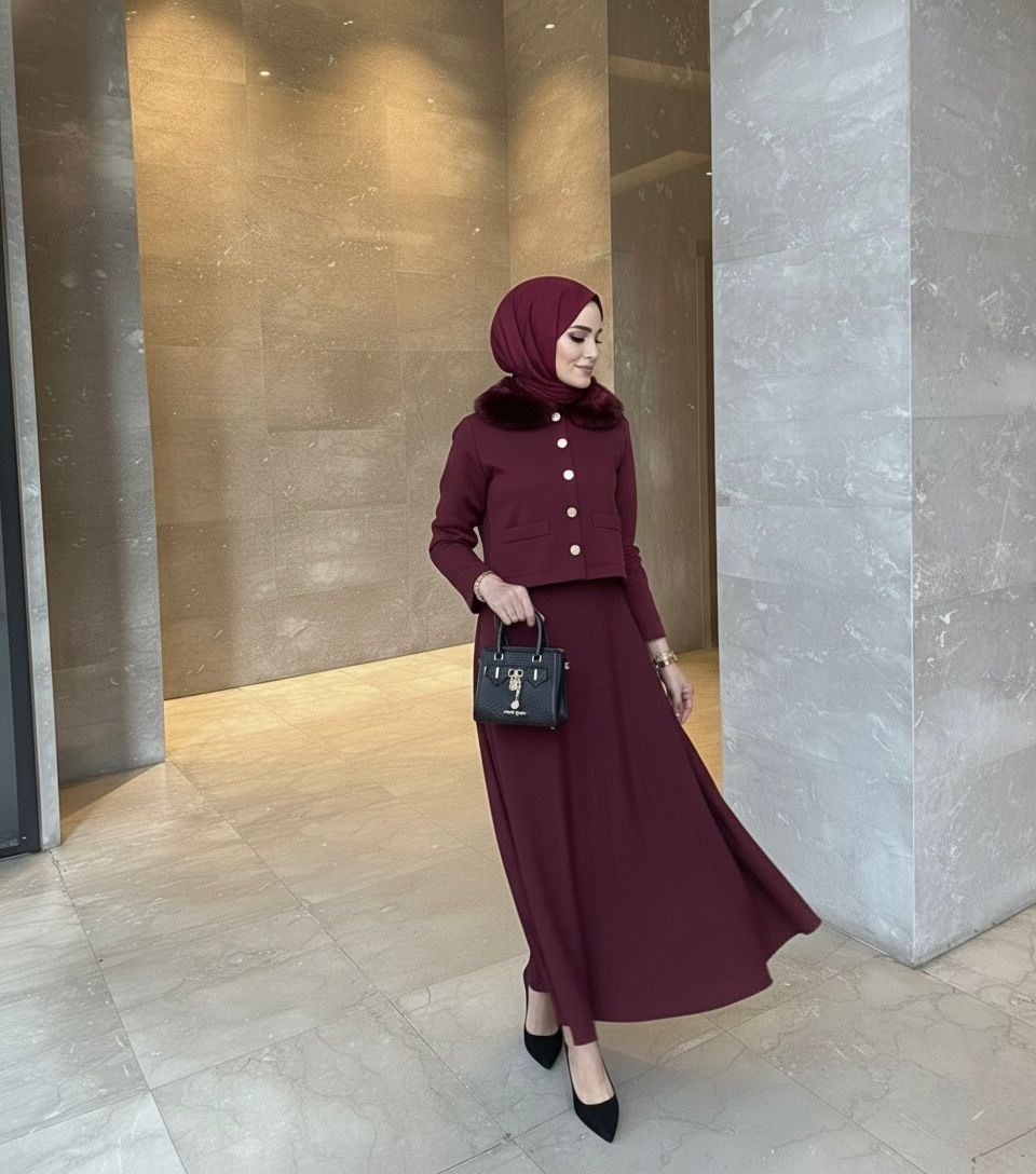 Molly Nelly Kadın Yaka Kürk Detaylı Skuba Etekli Takım görsel 4