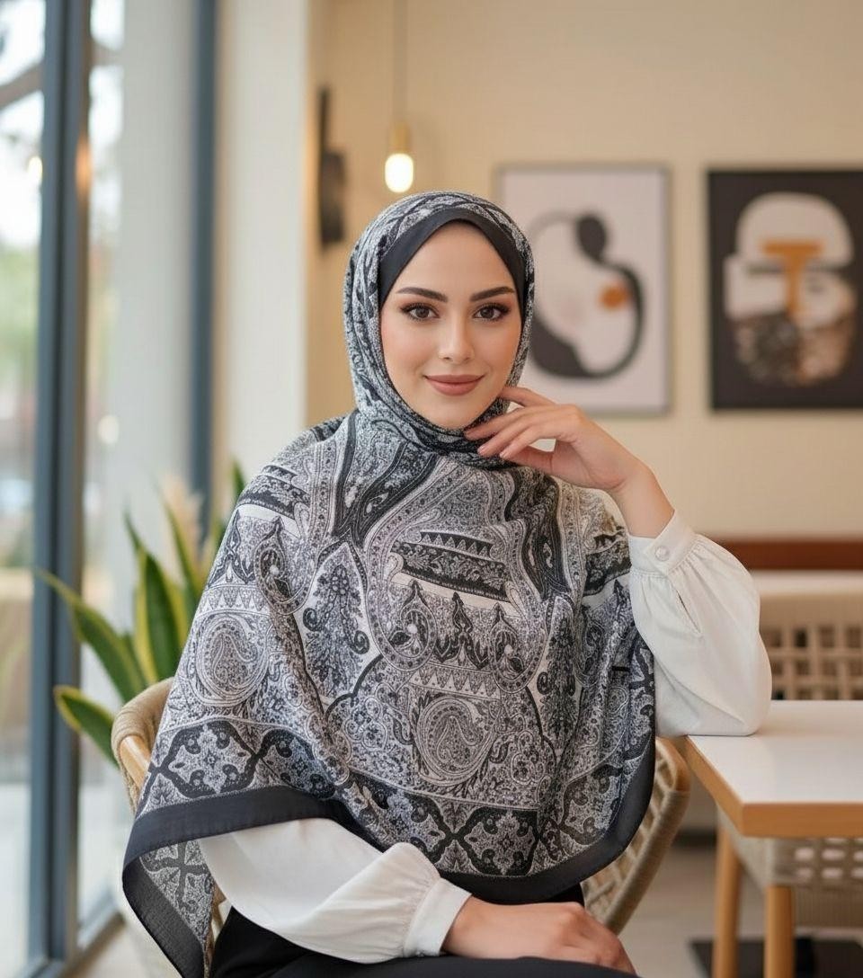 Revam Collection Retro Desen Pamuk Şal Siyah Beyaz