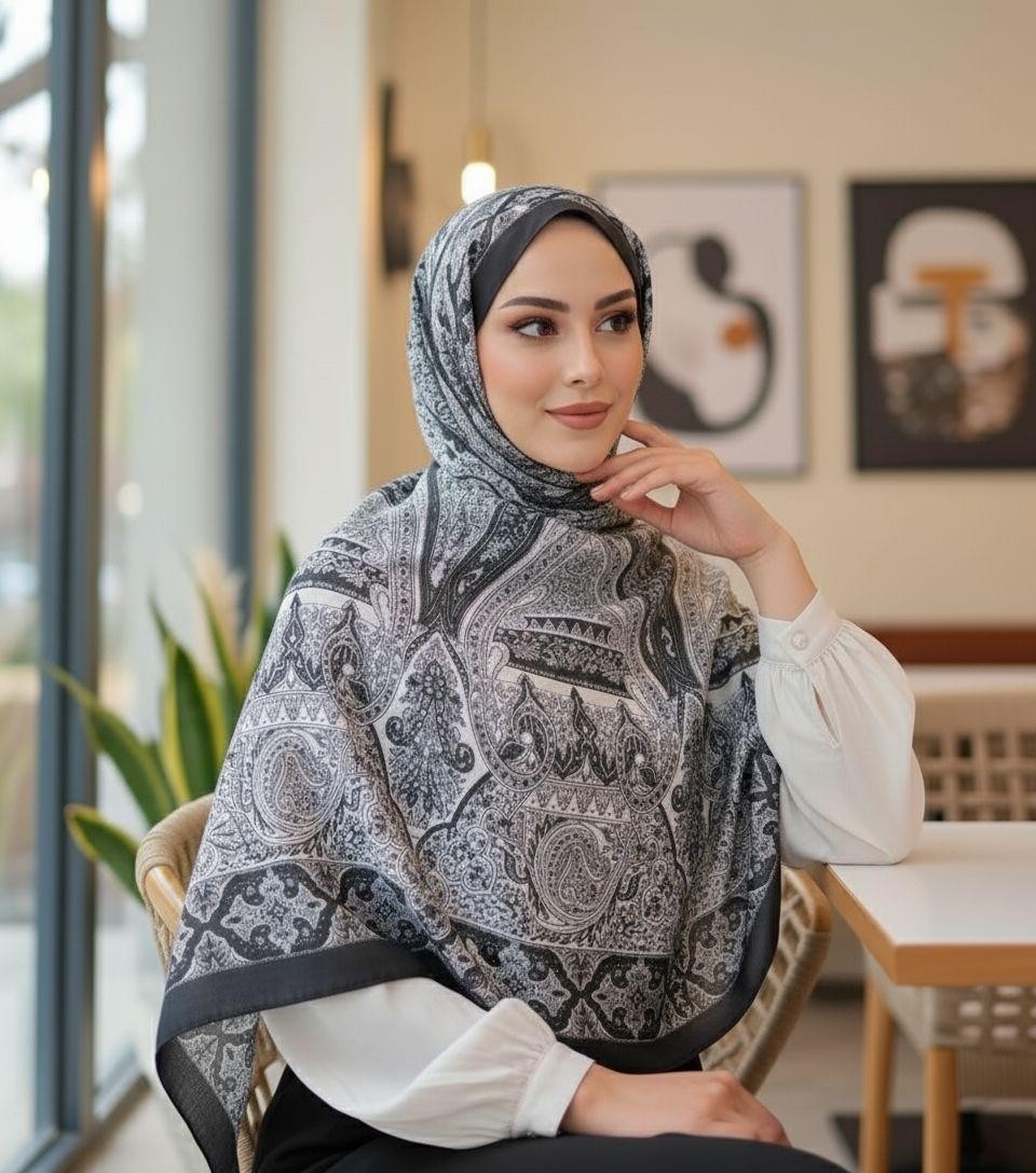 Revam Collection Retro Desen Pamuk Şal Siyah Beyaz görsel 2