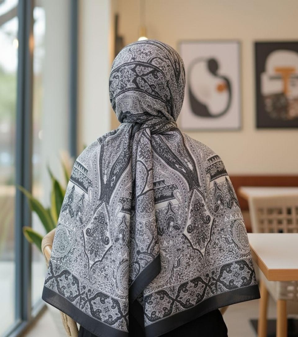 Revam Collection Retro Desen Pamuk Şal Siyah Beyaz görsel 3