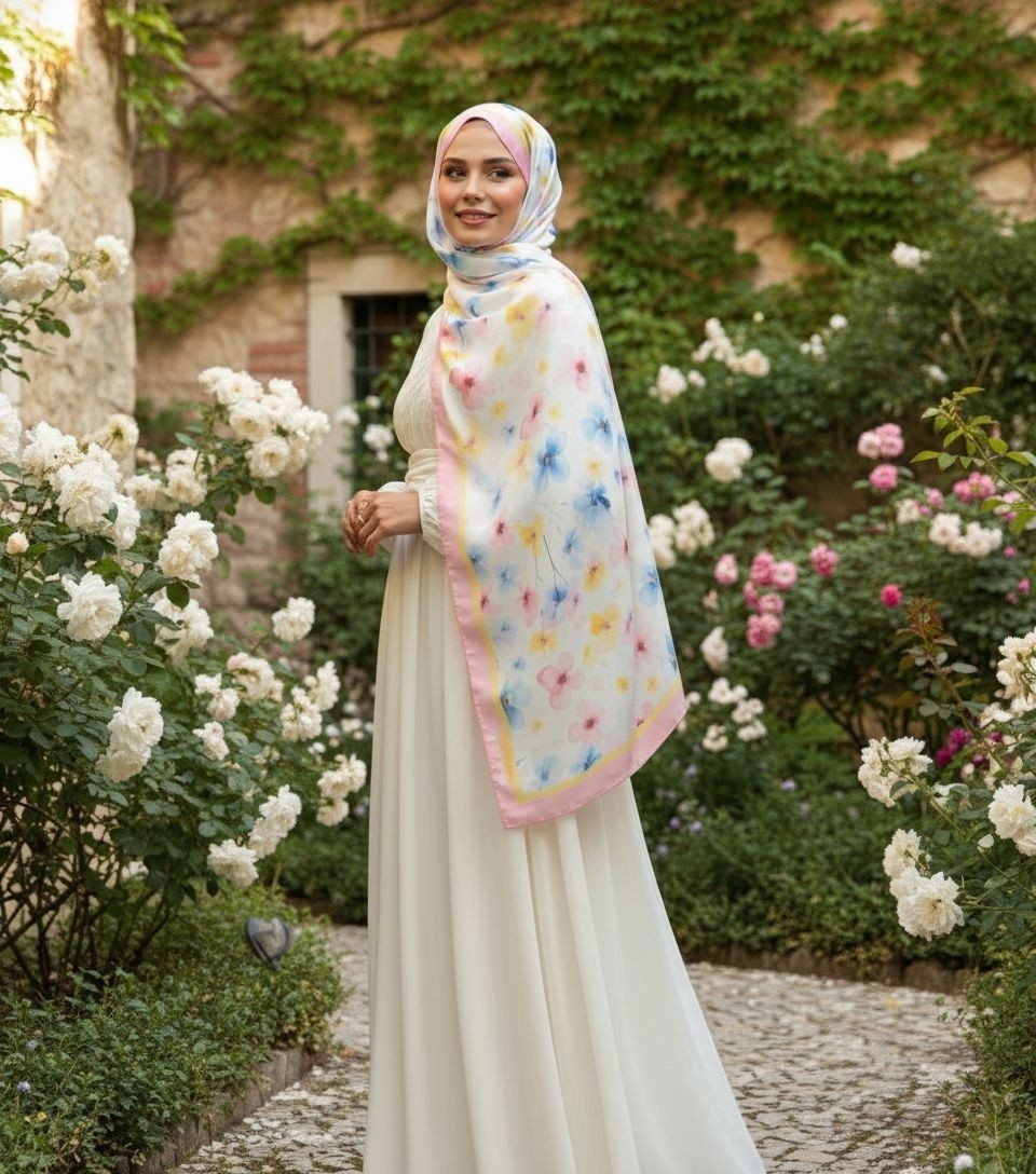 Revam Collection Retro Desenli Pamuk Şal Mena Serisi Pembe Mavi Çiçek