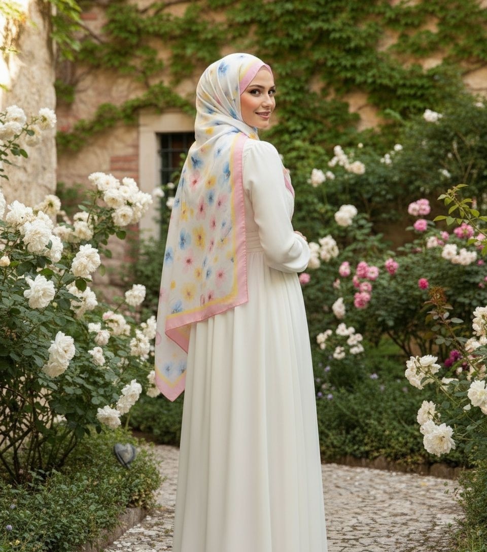 Revam Collection Retro Desenli Pamuk Şal Mena Serisi Pembe Mavi Çiçek görsel 2