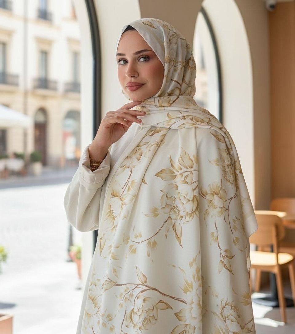 Revam Collection Kadın Soft Pamuk Şal Retro Çiçek Desenli Beyaz Altın