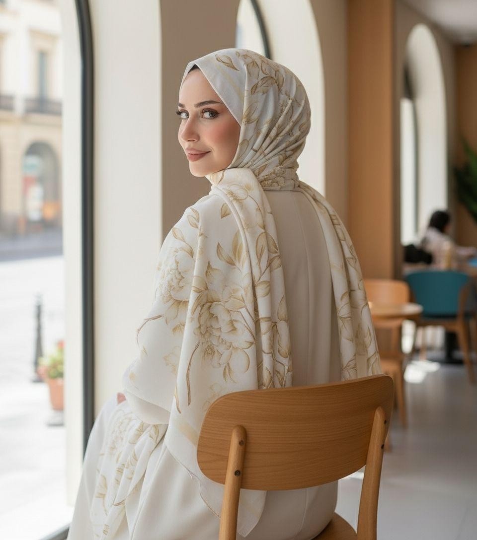 Revam Collection Kadın Soft Pamuk Şal Retro Çiçek Desenli Beyaz Altın görsel 3