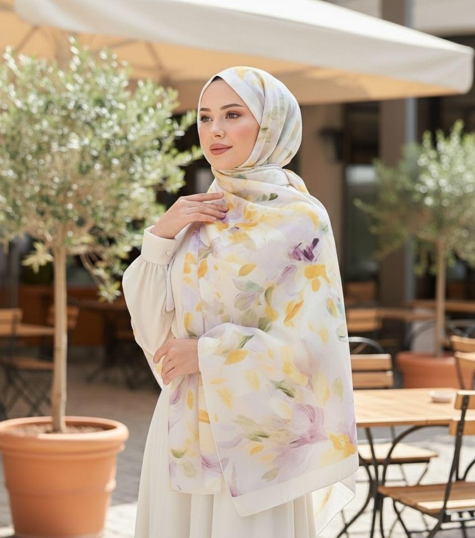 Revam Collection Retro Desen Pamuk Soft Şal Kadın Sarı Lila