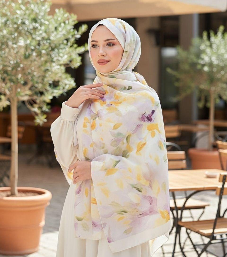 Revam Collection Retro Desen Pamuk Soft Şal Kadın Sarı Lila görsel 2