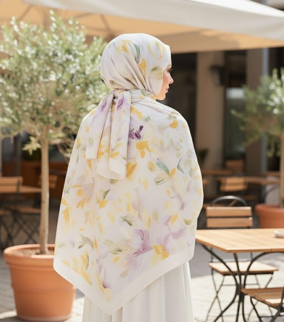 Revam Collection Retro Desen Pamuk Soft Şal Kadın Sarı Lila görsel 3