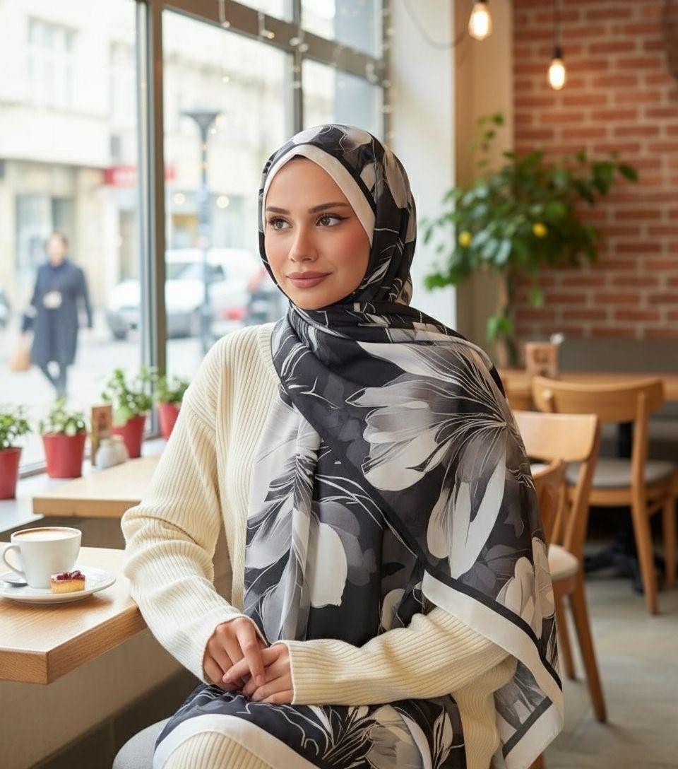 Revam Collection Desenli Pamuk Soft Şal Soon Serisi Siyah Beyaz