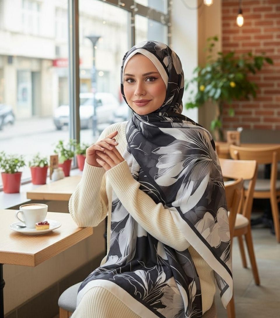 Revam Collection Desenli Pamuk Soft Şal Soon Serisi Siyah Beyaz görsel 2