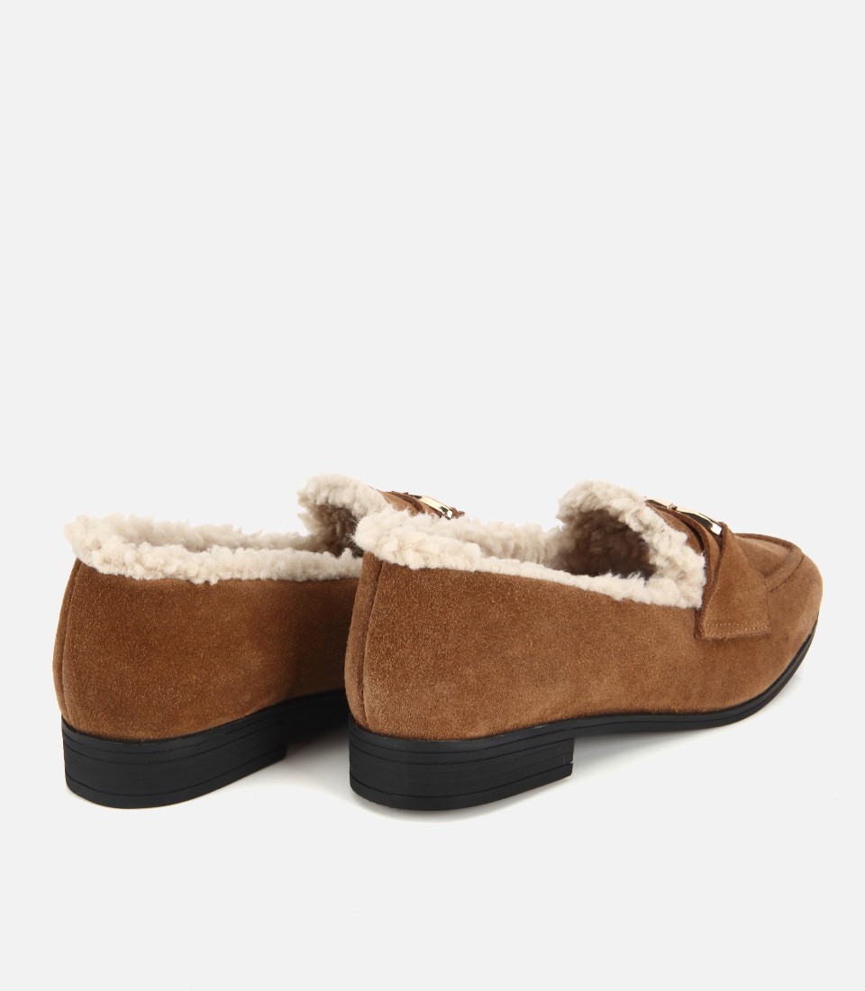 Hotiç Kadın Süet Deri Kahverengi İçi Kürklü Klasik Loafer görsel 4