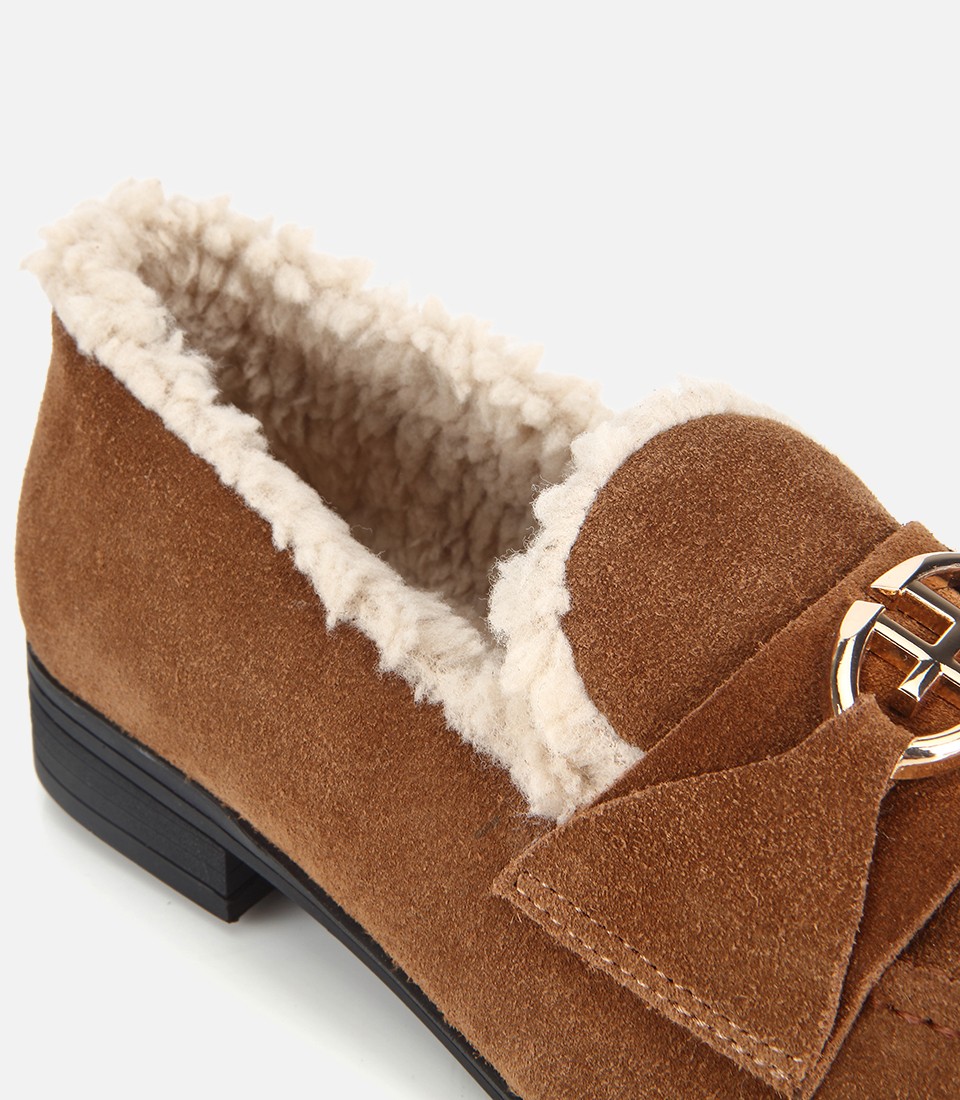 Hotiç Kadın Süet Deri Kahverengi İçi Kürklü Klasik Loafer görsel 5