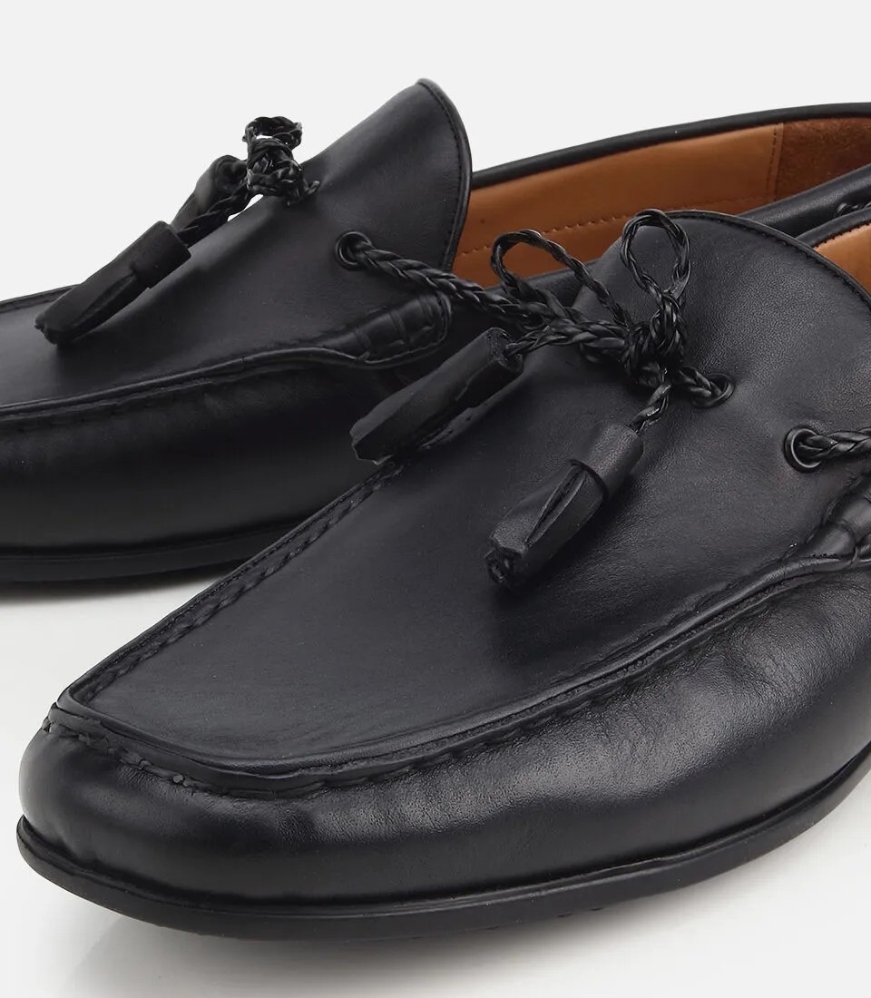 Hotiç Erkek Deri Siyah Püskül Dikiş Detaylı Klasik Loafer görsel 3