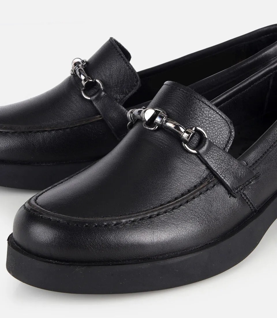 Hotiç 01AYH334760A100 KADIN Deri Siyah Metal Zincir Detaylı Klasik Loafer görsel 3