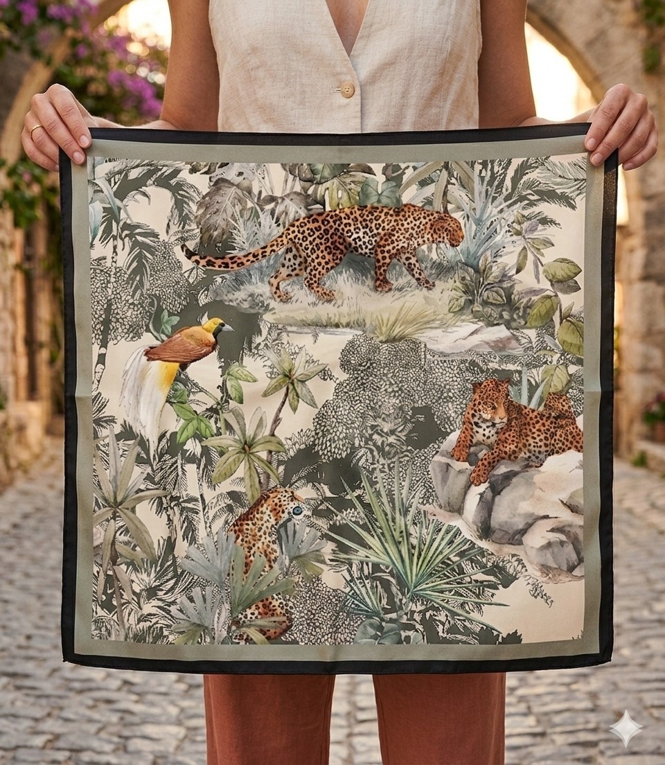 Dipol Butik Turuncu ve Lacivert Etnik Desenli Kare Saten Bandana Fular 50X50 cm
