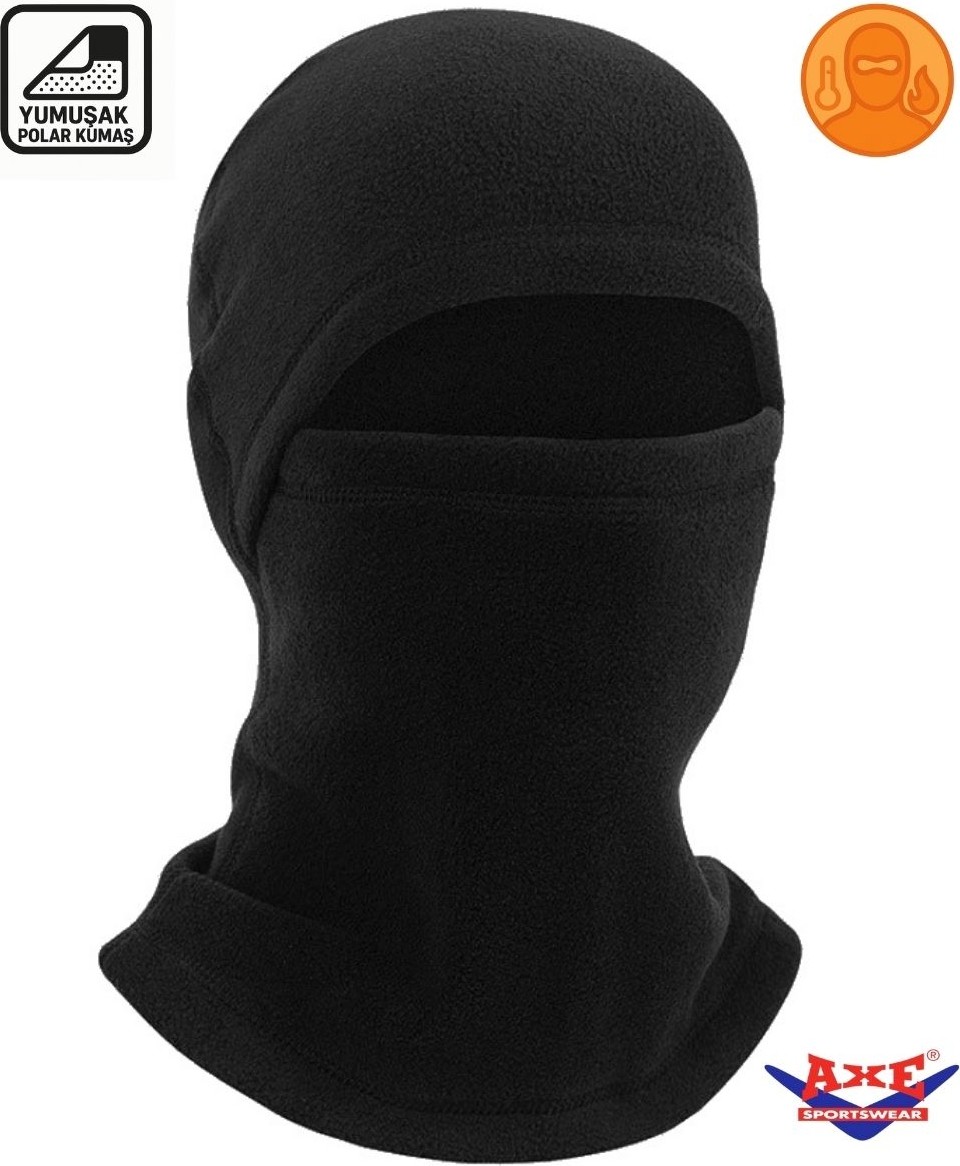 Axe Sportswear Siyah Unisex Kışlık Termal Polar Kar Maskesi Balaclava Kayak Motorsiklet Motorcu Kask Bere