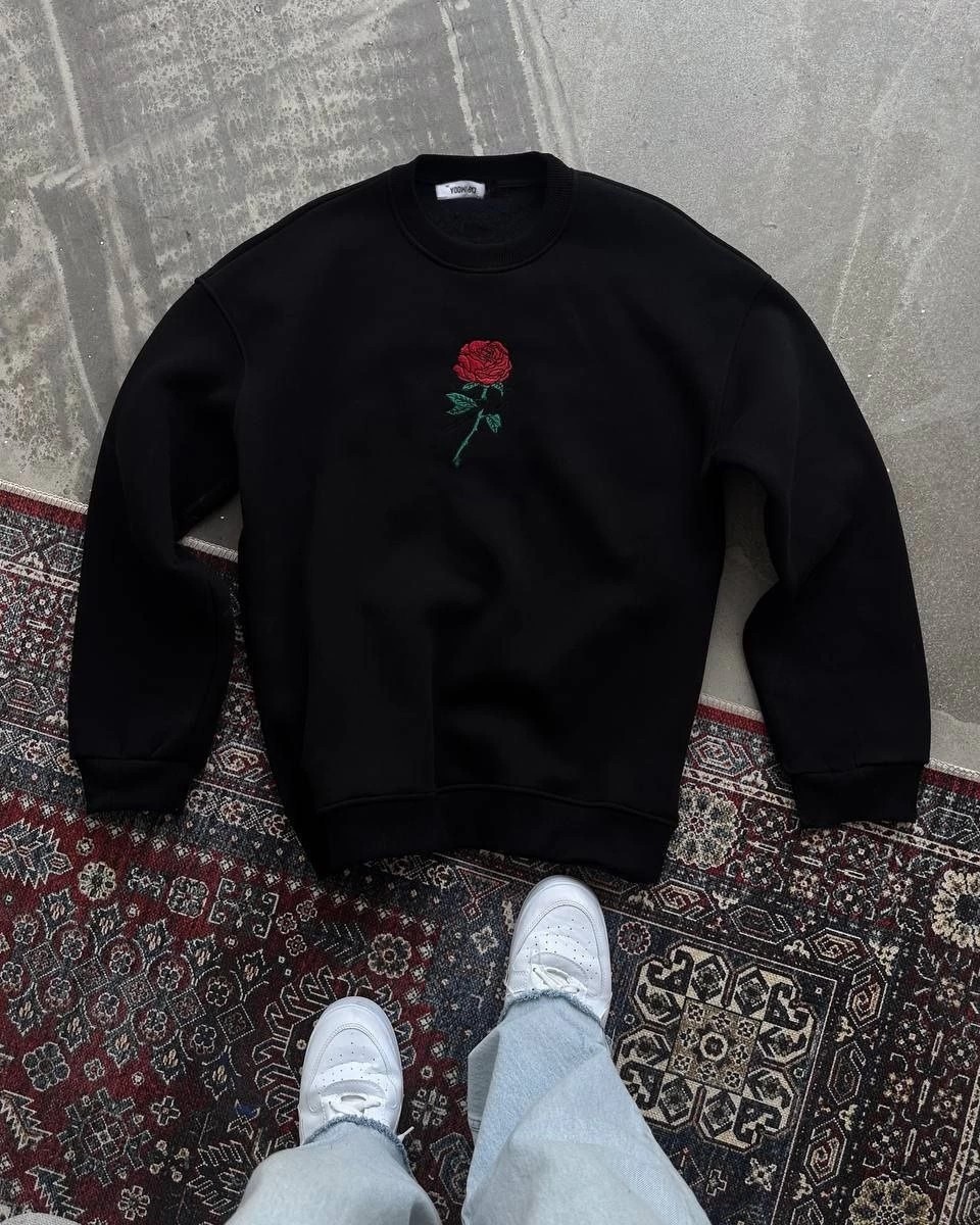 Tarz Yeri Kadın Oversize Kapüşonlu Cepli Gül Baskılı 3 Iplik Pamuklu Hoodie Sweatshirt - Siyah görsel 4