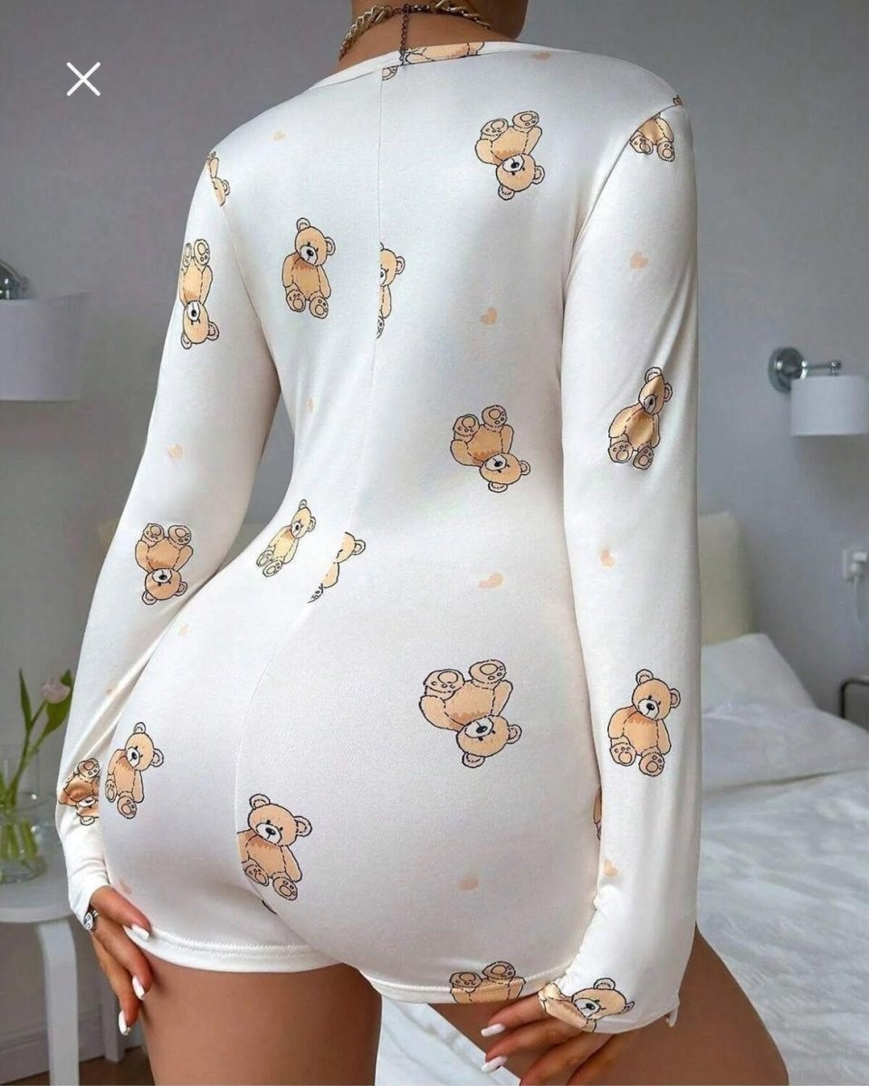 Melonika Pamuklu Beyaz Ayıcık Desenli Düğmeli Uzun Kol Tulum Pijama görsel 3