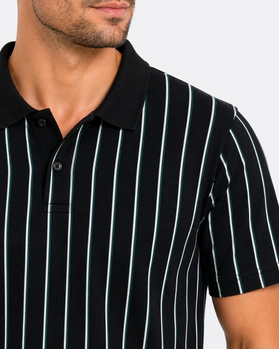 Fantastik Store Erkek Pike Kumaş Çizgili Polo Yaka Tişört Kısa Kol Yazlık T-Shirt - Siyah görsel 2