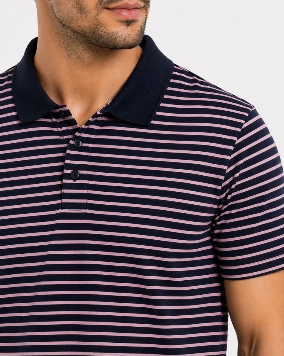 Fantastik Store Erkek Pike Kumaş Gül Kurusu Çizgili Polo Yaka Tişört Kısa Kol T-Shirt - Siyah görsel 2