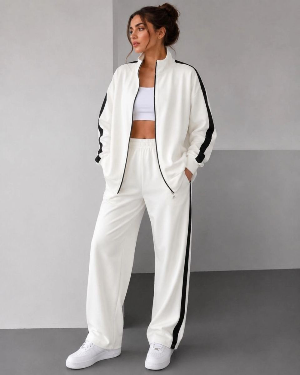 Fantastik Store Kadın Scuba Kumaş Oversize Şerit Detaylı Fermuarlı Alt Üst Eşofman Takımı - Beyaz