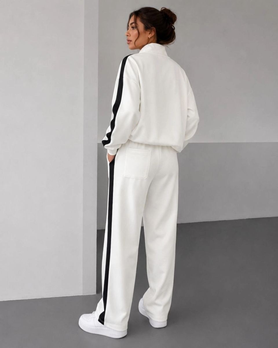 Fantastik Store Kadın Scuba Kumaş Oversize Şerit Detaylı Fermuarlı Alt Üst Eşofman Takımı - Beyaz görsel 4