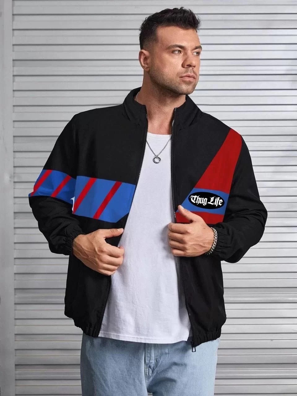 Tarz Yeri Unisex Uzun Koll Fermuarlı Baskılı Rüzgarlik - Siyah