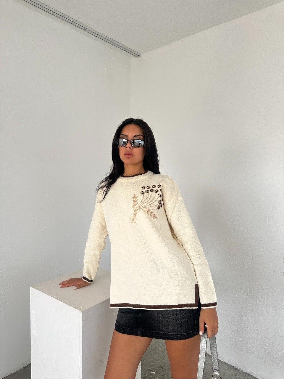 Ded Collection Kadın Göğüs Çiçek Nakışlı Triko Tunik görsel 3
