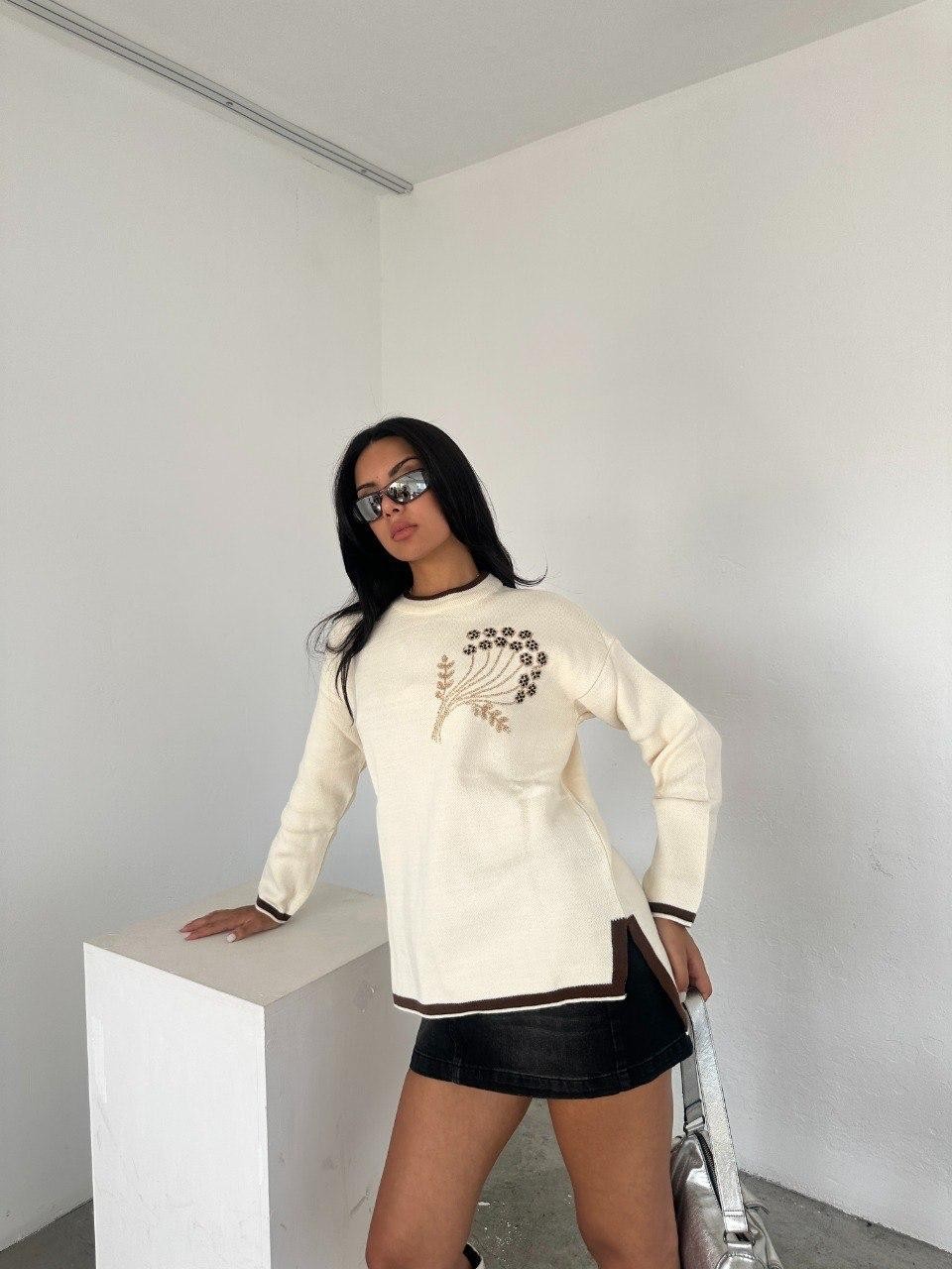 Ded Collection Kadın Göğüs Çiçek Nakışlı Triko Tunik görsel 4