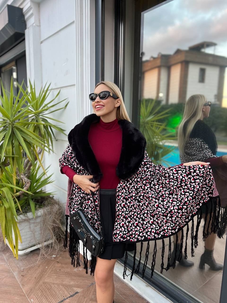 Ella Stylee Leopar Desenli Kürklü Panço görsel 2