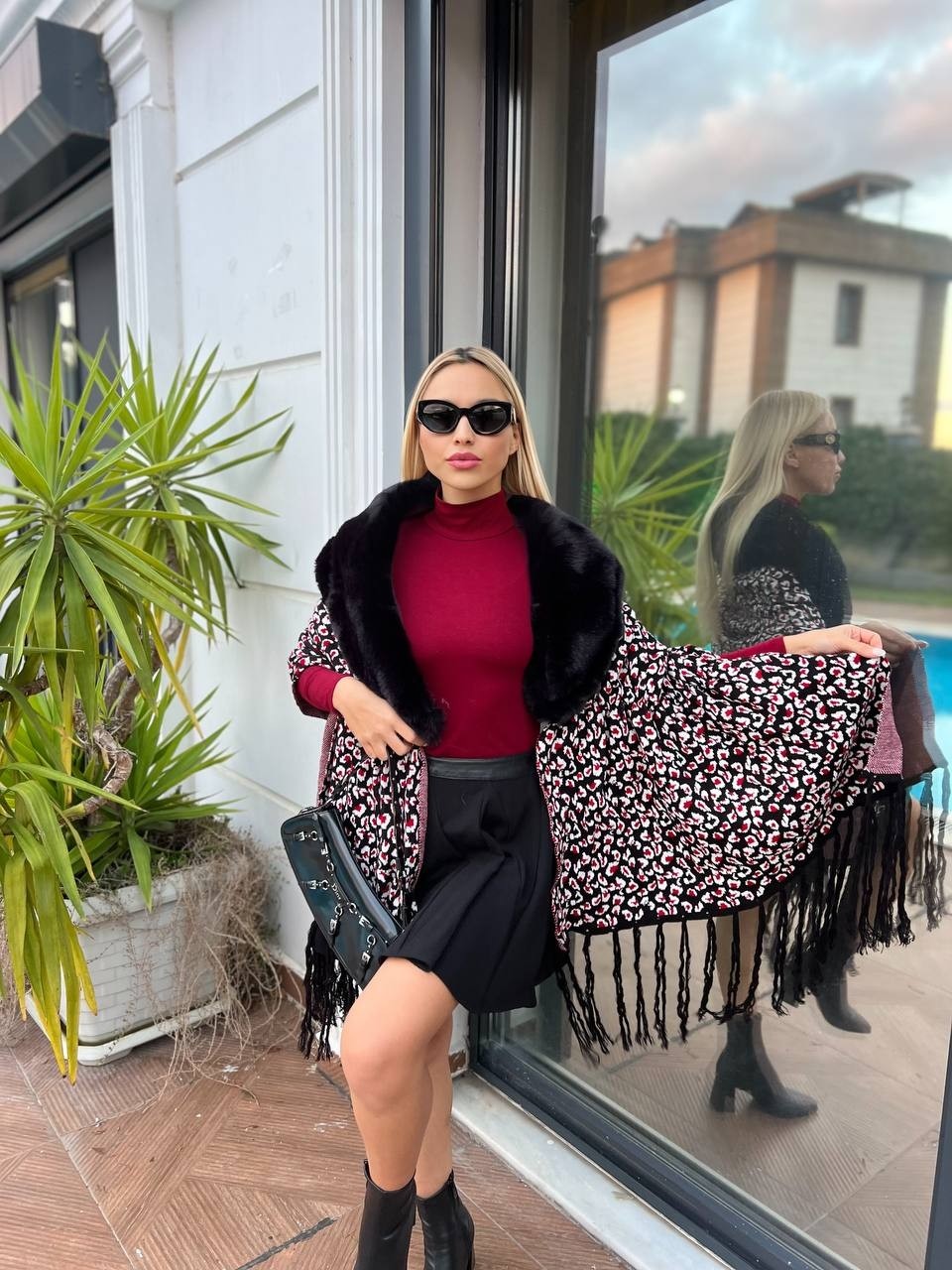 Ella Stylee Leopar Desenli Kürklü Panço görsel 3