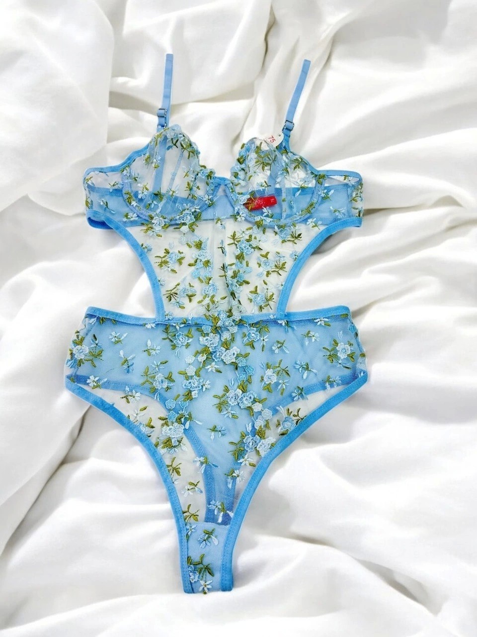 Arona Kadın Çiçek Desenli Transparan Vücuda Oturan Mavi Bodysuit - 123