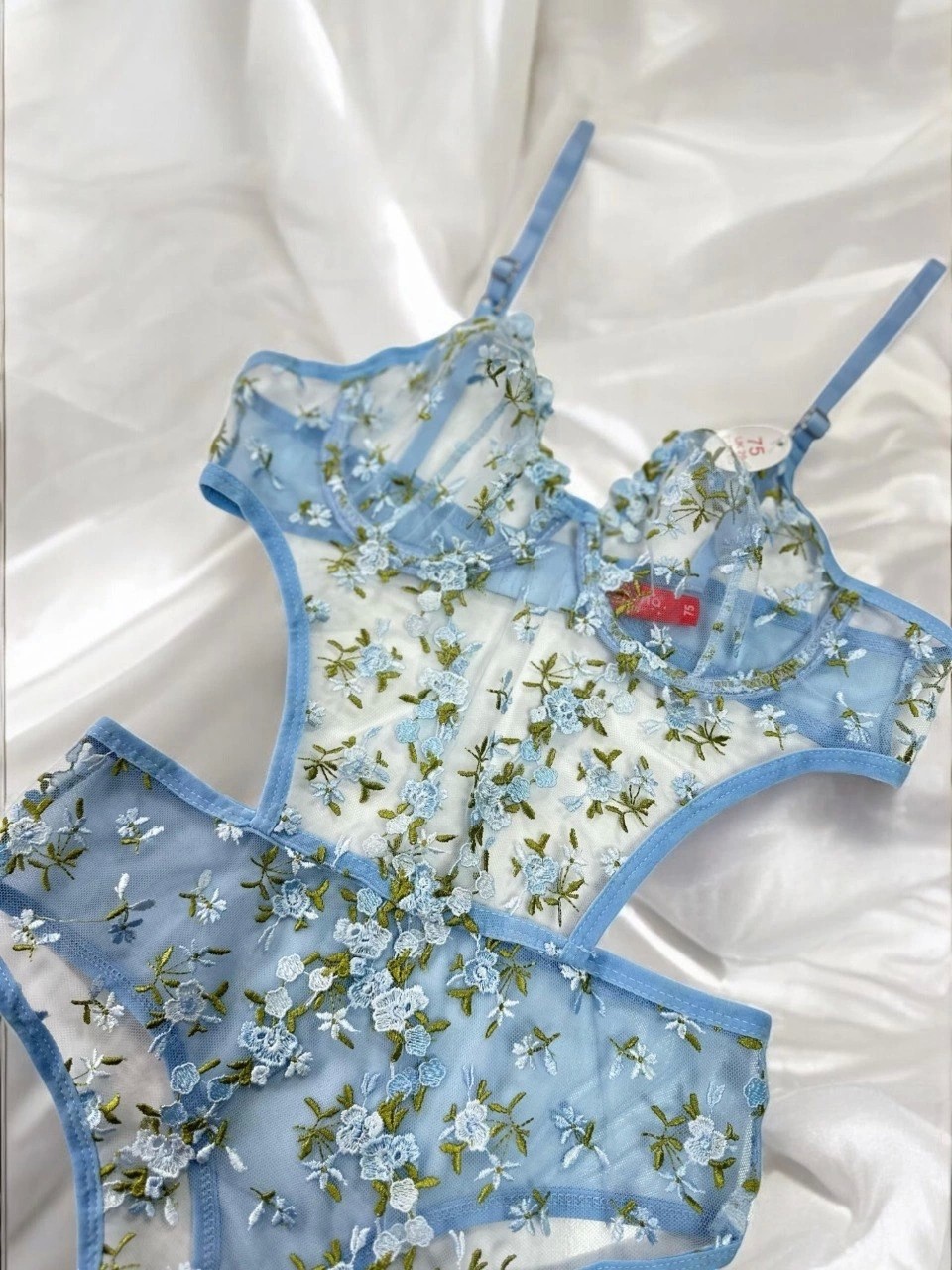 Arona Kadın Çiçek Desenli Transparan Vücuda Oturan Mavi Bodysuit - 123 görsel 2